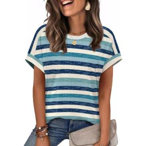 imageWIHOLL Womens Tops Short Sleeve Shirts Summer Outfits 2026 Spring Dressy Casual Clothes ClothingBlue Stripes