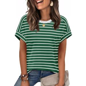 imageWIHOLL Womens Tops Short Sleeve Shirts Summer Outfits 2026 Spring Dressy Casual Clothes ClothingGreen Stripes