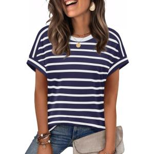imageWIHOLL Womens Tops Short Sleeve Shirts Summer Outfits 2026 Spring Dressy Casual Clothes ClothingNavy Stripes