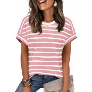 imageWIHOLL Womens Tops Short Sleeve Shirts Summer Outfits 2026 Spring Dressy Casual Clothes ClothingPink Stripes