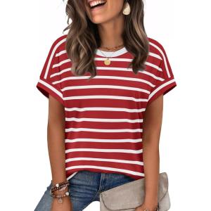 imageWIHOLL Womens Tops Short Sleeve Shirts Summer Outfits 2026 Spring Dressy Casual Clothes ClothingRed Stripes