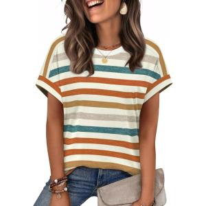 imageWIHOLL Womens Tops Short Sleeve Shirts Summer Outfits 2026 Spring Dressy Casual Clothes ClothingStripes Orange
