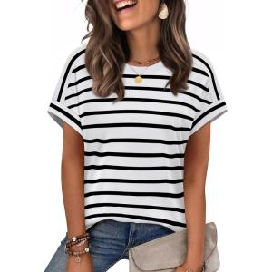 imageWIHOLL Womens Tops Short Sleeve Shirts Summer Outfits 2026 Spring Dressy Casual Clothes ClothingWhite Stripes