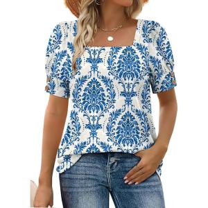 imageWIHOLL Womens Tops Summer Short Sleeve Shirts Square Neck Spring Outfits 2026 Fashion Clothing BlousesBoho Blue