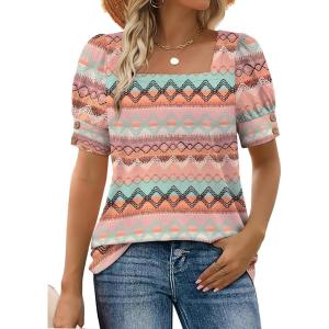imageWIHOLL Womens Tops Summer Short Sleeve Shirts Square Neck Spring Outfits 2026 Fashion Clothing BlousesBoho Stripes