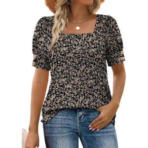 imageWIHOLL Womens Tops Summer Short Sleeve Shirts Square Neck Spring Outfits 2026 Fashion Clothing BlousesFloral Black