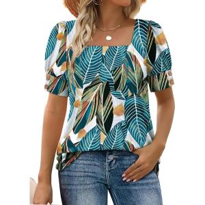 imageWIHOLL Womens Tops Summer Short Sleeve Shirts Square Neck Spring Outfits 2026 Fashion Clothing BlousesPalm Leaves