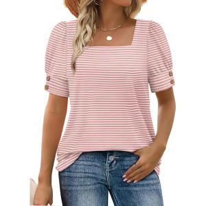 imageWIHOLL Womens Tops Summer Short Sleeve Shirts Square Neck Spring Outfits 2026 Fashion Clothing BlousesPink Stripes