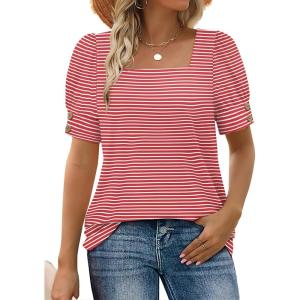 imageWIHOLL Womens Tops Summer Short Sleeve Shirts Square Neck Spring Outfits 2026 Fashion Clothing BlousesRed Stripes