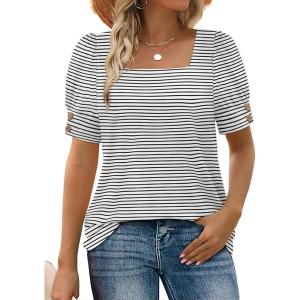 imageWIHOLL Womens Tops Summer Short Sleeve Shirts Square Neck Spring Outfits 2026 Fashion Clothing BlousesWhite Stripes