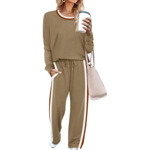 imageWIHOLL 2 Piece Lounge Sets for Women Long Sleeve Tops Wide Leg Sweatpants Sweatsuits with PocketsAricot
