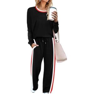 imageWIHOLL 2 Piece Lounge Sets for Women Long Sleeve Tops Wide Leg Sweatpants Sweatsuits with PocketsBlack