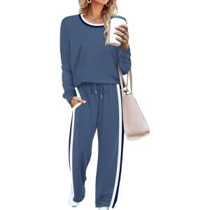 imageWIHOLL 2 Piece Lounge Sets for Women Long Sleeve Tops Wide Leg Sweatpants Sweatsuits with PocketsBlue