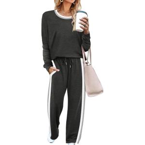 imageWIHOLL 2 Piece Lounge Sets for Women Long Sleeve Tops Wide Leg Sweatpants Sweatsuits with PocketsDeep Grey