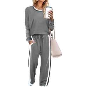 imageWIHOLL 2 Piece Lounge Sets for Women Long Sleeve Tops Wide Leg Sweatpants Sweatsuits with PocketsGrey