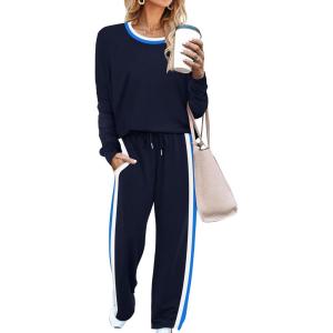 imageWIHOLL 2 Piece Lounge Sets for Women Long Sleeve Tops Wide Leg Sweatpants Sweatsuits with PocketsNavy