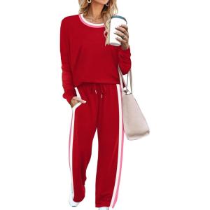 imageWIHOLL 2 Piece Lounge Sets for Women Long Sleeve Tops Wide Leg Sweatpants Sweatsuits with PocketsRed
