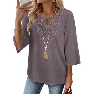 imageWIHOLL 34 Length Sleeve Womens Tops Boho V Neck Lace Shirts Trendy Blouses Dressy Casual Vacation Clothes05  Mocha Grey Purple
