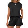 imageWIHOLL Two Piece Sets for Women Summer Crew Neck Lounge Short Sets Cap Sleeve Drawstring Sweatsuit with Pocket1black