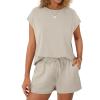 imageWIHOLL Two Piece Sets for Women Summer Crew Neck Lounge Short Sets Cap Sleeve Drawstring Sweatsuit with Pocket1khaki