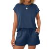 imageWIHOLL Two Piece Sets for Women Summer Crew Neck Lounge Short Sets Cap Sleeve Drawstring Sweatsuit with Pocket1navy