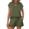 imageWIHOLL Two Piece Sets for Women Summer Crew Neck Lounge Short Sets Cap Sleeve Drawstring Sweatsuit with Pocket3army Green