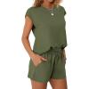 imageWIHOLL Two Piece Sets for Women Summer Crew Neck Lounge Short Sets Cap Sleeve Drawstring Sweatsuit with Pocket3army Green