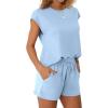 imageWIHOLL Two Piece Sets for Women Summer Crew Neck Lounge Short Sets Cap Sleeve Drawstring Sweatsuit with Pocket3blue