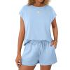 imageWIHOLL Two Piece Sets for Women Summer Crew Neck Lounge Short Sets Cap Sleeve Drawstring Sweatsuit with Pocket3blue