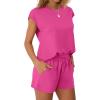 imageWIHOLL Two Piece Sets for Women Summer Crew Neck Lounge Short Sets Cap Sleeve Drawstring Sweatsuit with Pocket3hot Pink