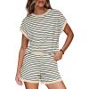 imageWIHOLL Two Piece Sets for Women Summer Lounge Short Sets Cap Sleeve Crew Neck Sweatsuit with Pocket XS2XL01beige Black Stripe