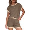 imageWIHOLL Two Piece Sets for Women Summer Lounge Short Sets Cap Sleeve Crew Neck Sweatsuit with Pocket XS2XL03khaki