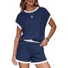 imageWIHOLL Two Piece Sets for Women Summer Lounge Short Sets Cap Sleeve Crew Neck Sweatsuit with Pocket XS2XL03navy Blue