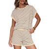 imageWIHOLL Two Piece Sets for Women Summer Lounge Short Sets Cap Sleeve Crew Neck Sweatsuit with Pocket XS2XL04beige Brown Stripe