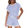 imageWIHOLL Two Piece Sets for Women Summer Lounge Short Sets Cap Sleeve Crew Neck Sweatsuit with Pocket XS2XL04white Blue Stripe