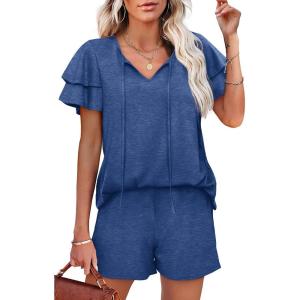 imageWIHOLL Summer Outfits for Women 2 Piece Short Sleeve V Neck Lounge Sets Casual1blue