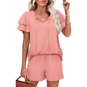 imageWIHOLL Summer Outfits for Women 2 Piece Short Sleeve V Neck Lounge Sets Casual1coral Pink