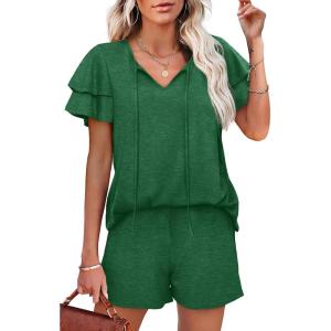 imageWIHOLL Summer Outfits for Women 2 Piece Short Sleeve V Neck Lounge Sets Casual1green