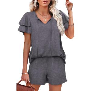 imageWIHOLL Summer Outfits for Women 2 Piece Short Sleeve V Neck Lounge Sets Casual1grey