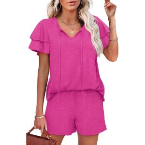 imageWIHOLL Summer Outfits for Women 2 Piece Short Sleeve V Neck Lounge Sets Casual1rose Pink