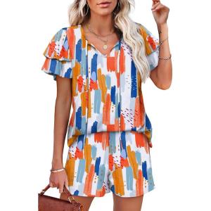 imageWIHOLL Summer Outfits for Women 2 Piece Short Sleeve V Neck Lounge Sets Casual2colorful