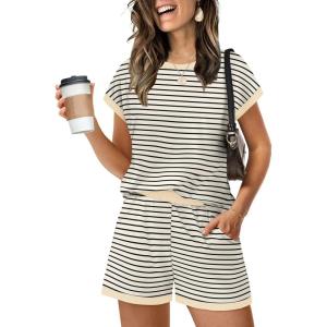 imageWIHOLL Two Piece Sets for Women Summer Lounge Short Sets Cap Sleeve Crew Neck Sweatsuit with Pocket XS2XL01beige Black Stripe