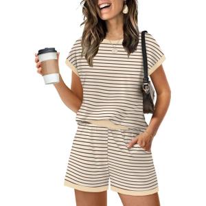 imageWIHOLL Two Piece Sets for Women Summer Lounge Short Sets Cap Sleeve Crew Neck Sweatsuit with Pocket XS2XL04beige Brown Stripe