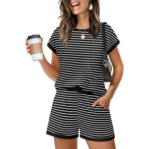 imageWIHOLL Two Piece Sets for Women Summer Lounge Short Sets Cap Sleeve Crew Neck Sweatsuit with Pocket XS2XL04black White Stripe