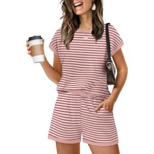 imageWIHOLL Two Piece Sets for Women Summer Lounge Short Sets Cap Sleeve Crew Neck Sweatsuit with Pocket XS2XL04pink Stripe
