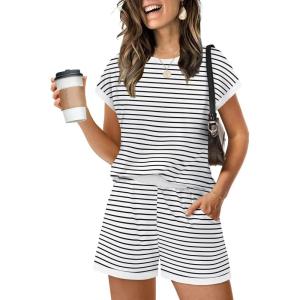 imageWIHOLL Two Piece Sets for Women Summer Lounge Short Sets Cap Sleeve Crew Neck Sweatsuit with Pocket XS2XL04white Black Stripe