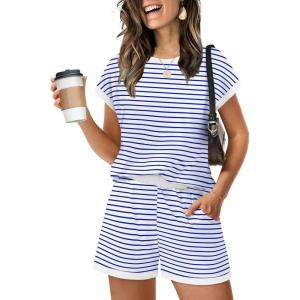 imageWIHOLL Two Piece Sets for Women Summer Lounge Short Sets Cap Sleeve Crew Neck Sweatsuit with Pocket XS2XL04white Blue Stripe