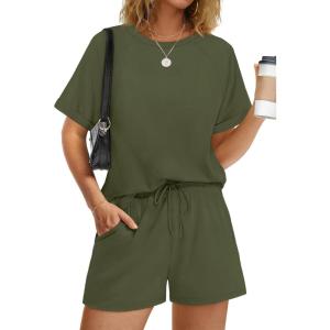 imageWIHOLL Womens 2 Piece Lounge Sets Short Sleeve TShirt and Drawstring Shorts Casual Pajamas Vacation Outfits with Pockets04army Green