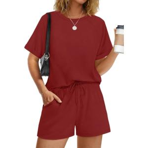 imageWIHOLL Womens 2 Piece Lounge Sets Short Sleeve TShirt and Drawstring Shorts Casual Pajamas Vacation Outfits with Pockets08red