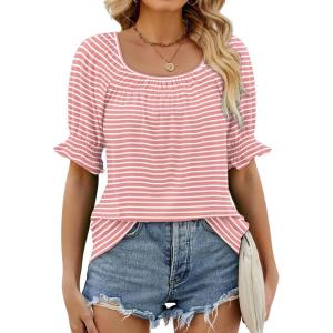 imageWIHOLL Womens Summer Tops Short Sleeve Shirts Smocked Puff Sleeve Blouses Casual Loose Fit Trendy Clothes S3XLA  Pink Stripe